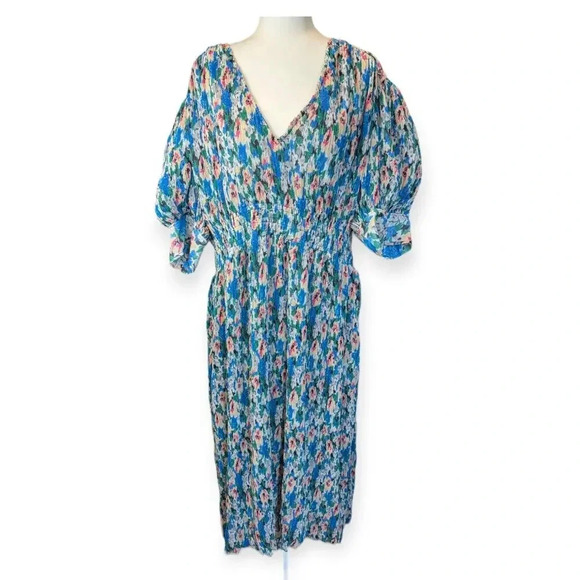 Ganni Floral Tent Dress Blue Green Midi Length Modest Pleated - Picture 4 of 16